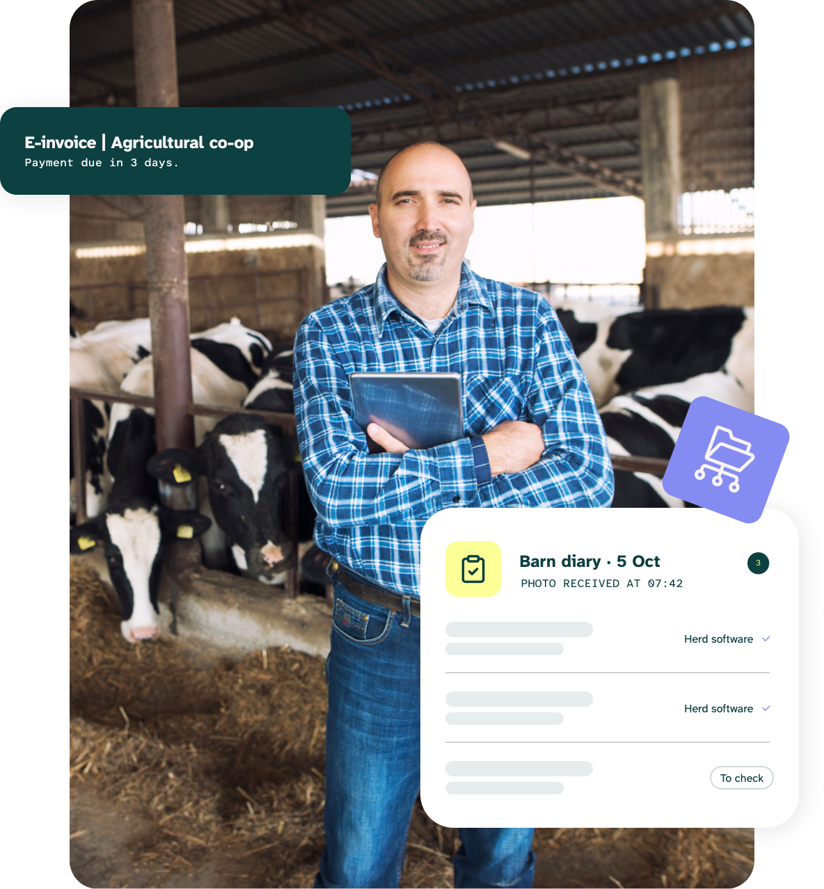 Dairy farmer in the barn with a tablet: Futuralleva Dati records the barn diary in the management software and flags invoices falling due