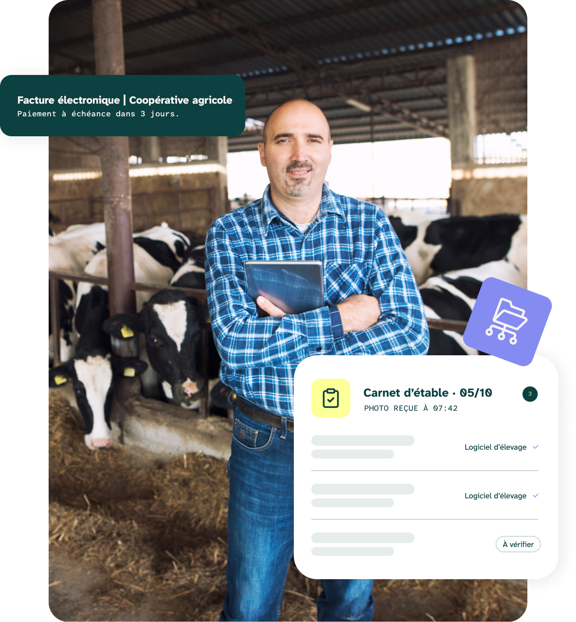 Éleveur dans l'étable avec une tablette : Futuralleva Dati enregistre le carnet d'étable dans le logiciel de gestion et signale les factures à échéance